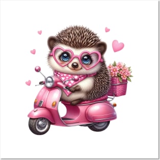 Valentine Hedgehog In Pink Scooter Posters and Art